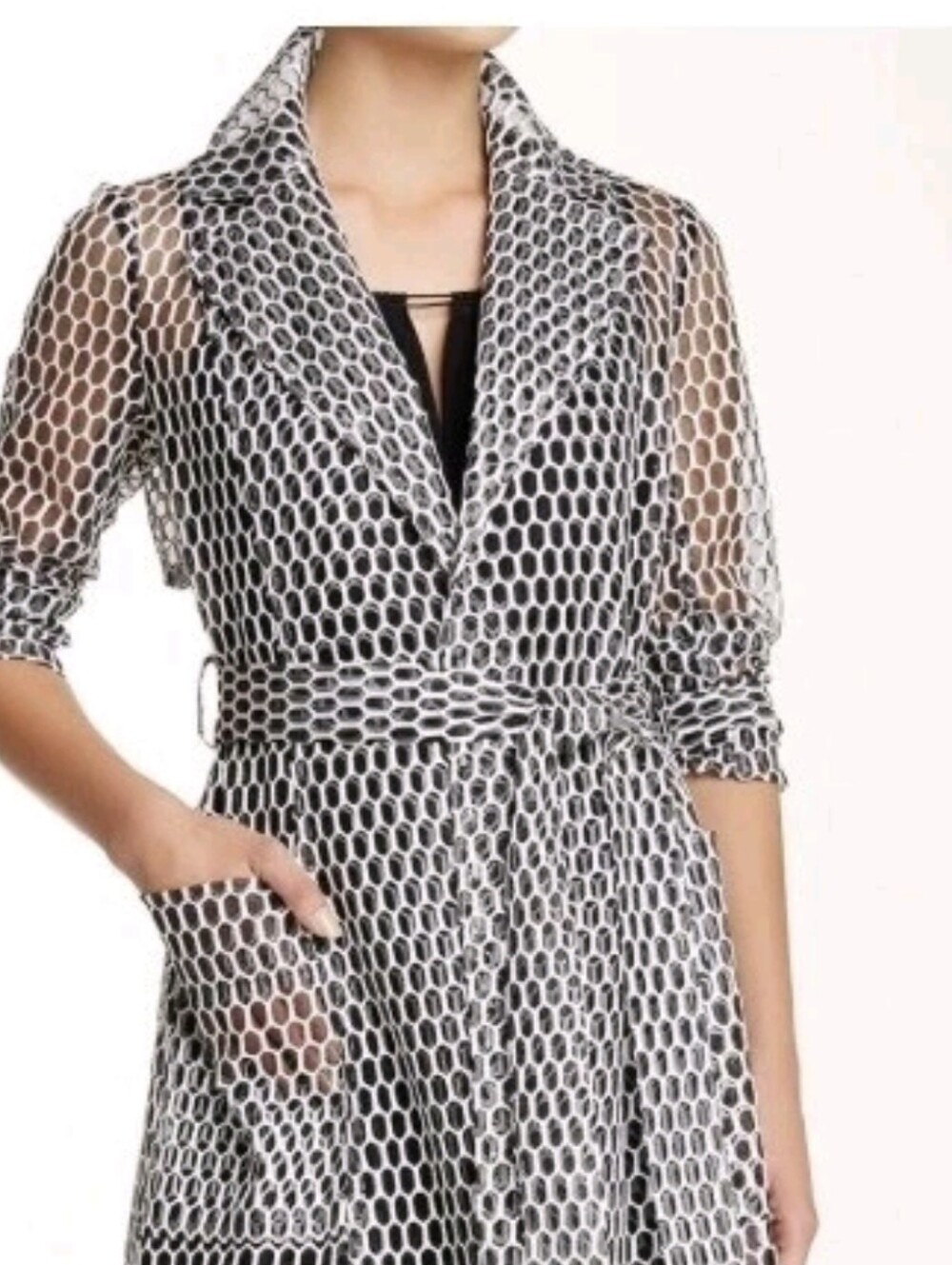 Yoana Baraschi Made in NYC Black White Geometric Print Belted Trench Coat Size 6